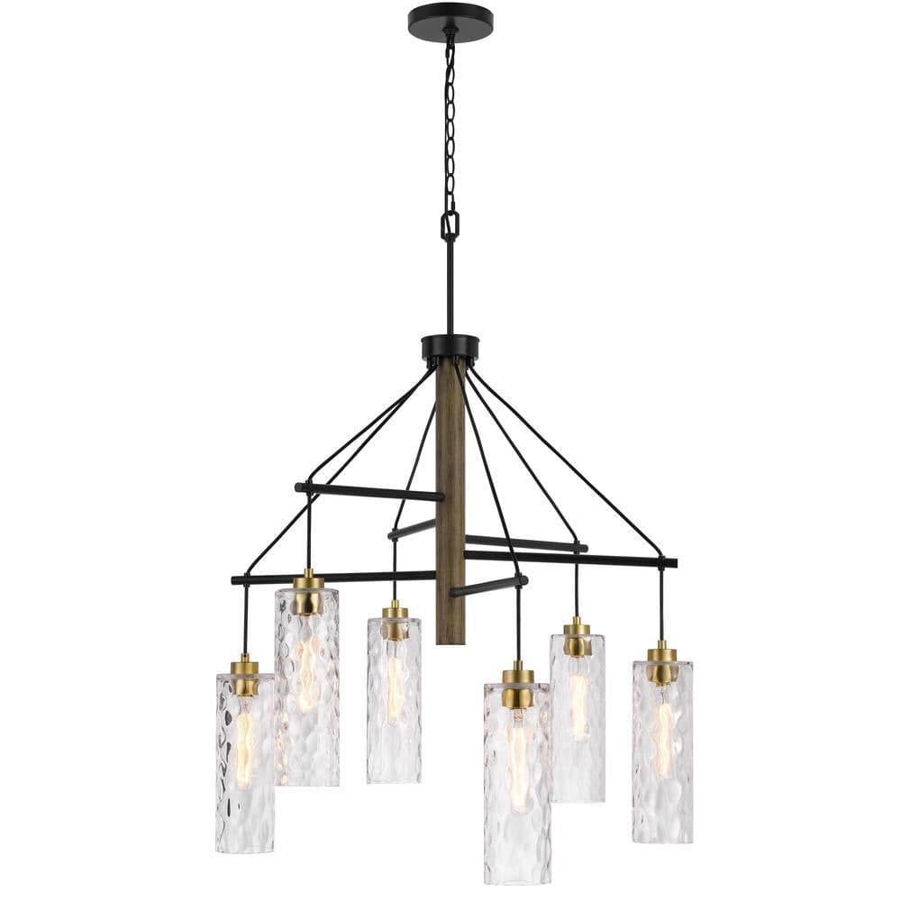 image-60W X 6 Williston Rubber Wood Chandelier With Hanging Textured Glass Shades