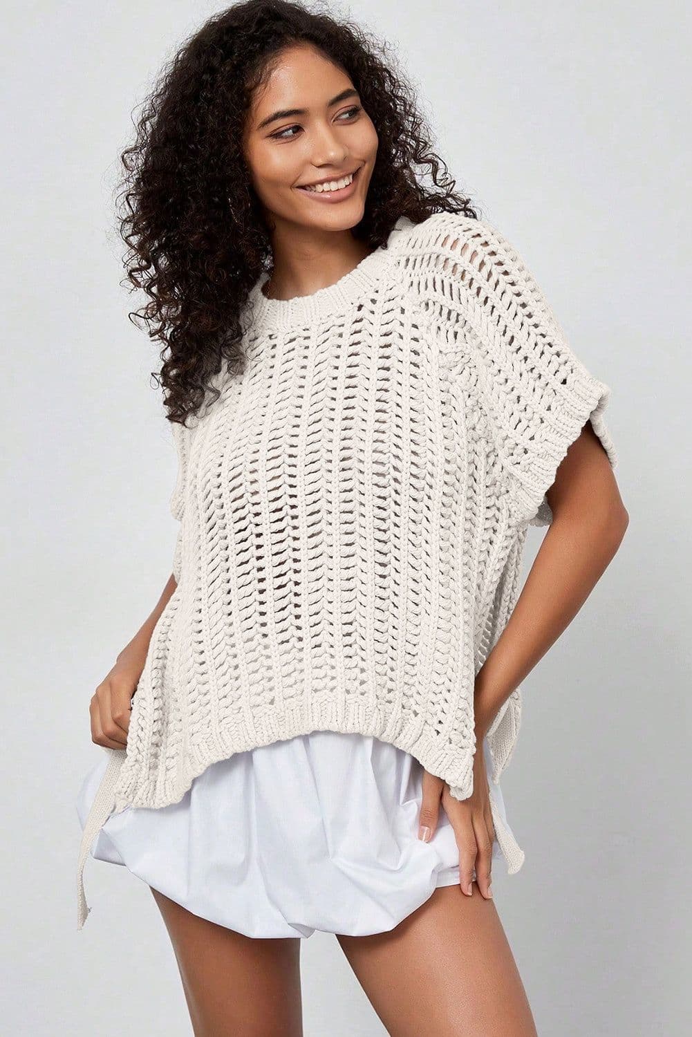 image-Pink Plus Size Open Knit Bow Tie Short Sleeve Sweater