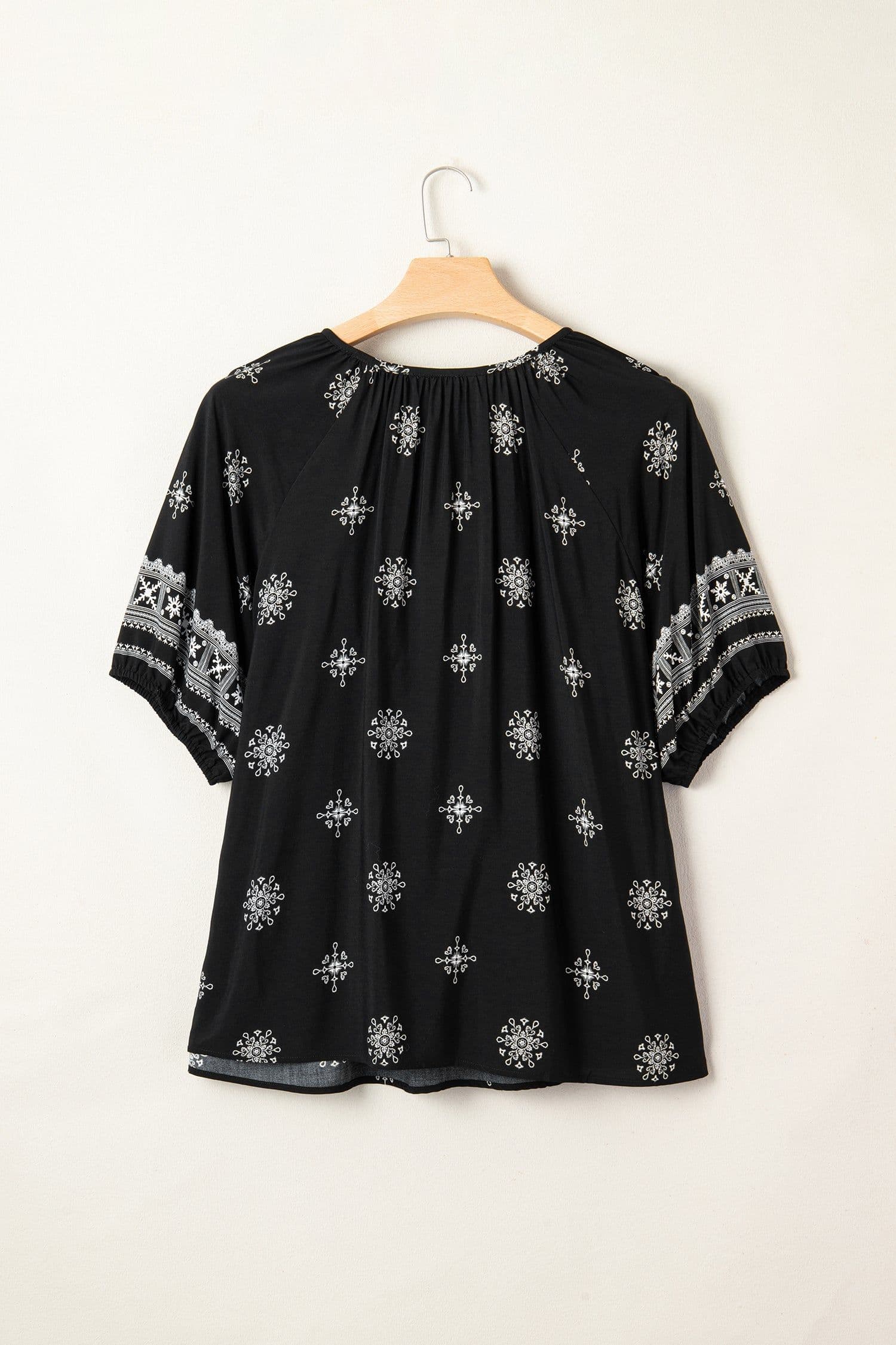 image-Yellow Floral Boho Chic Top - Plus Size Notched V-Neck Short Sleeve