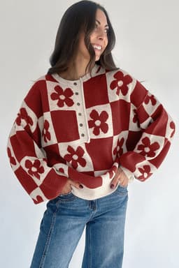 image-Thai Curry Flower Plaid Henley Baggy Sweater