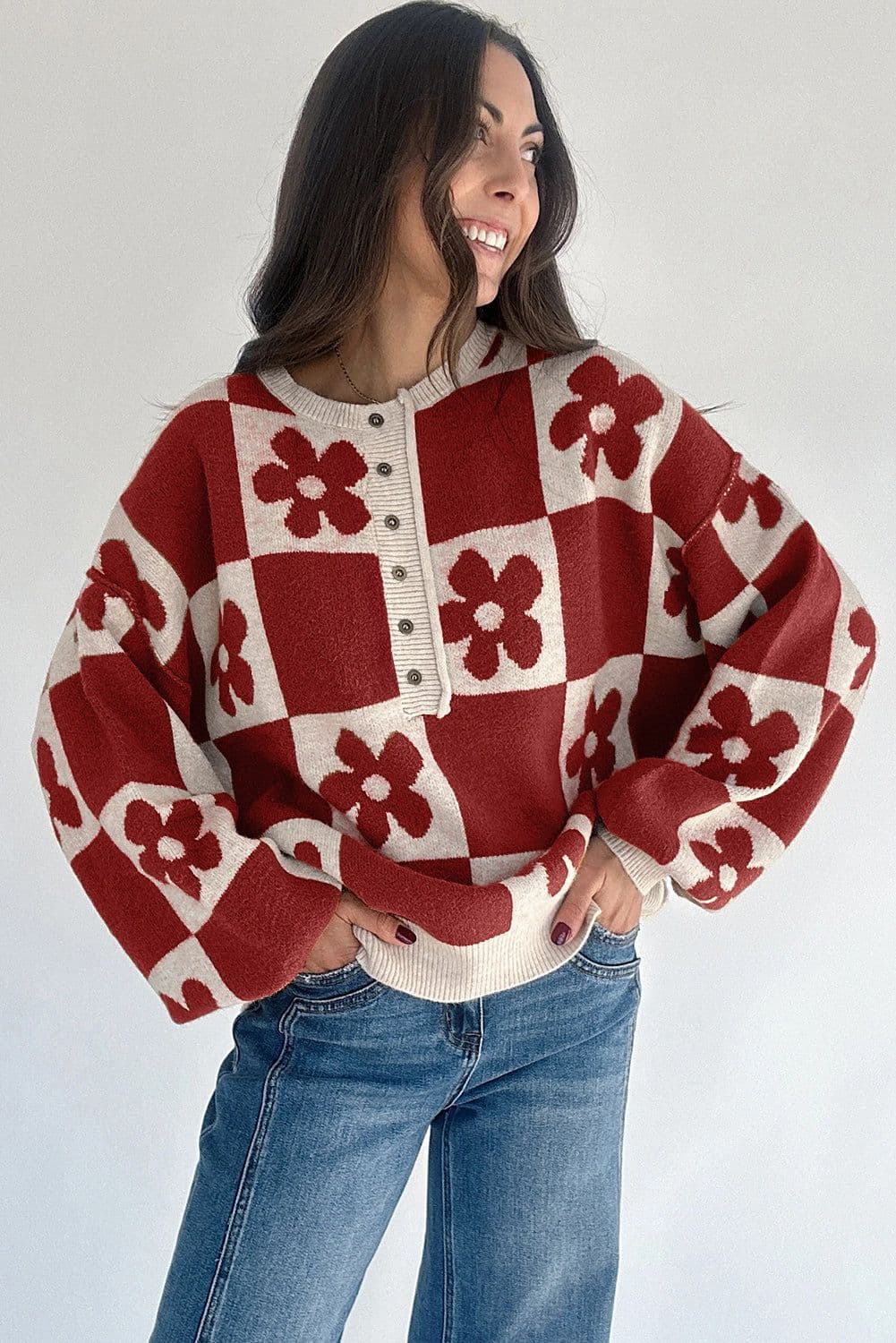 image-Thai Curry Flower Plaid Henley Baggy Sweater