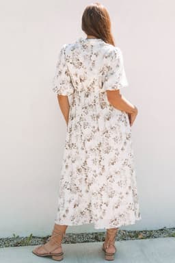 image-Khaki Floral Puff Sleeve V Neck Maxi Dress