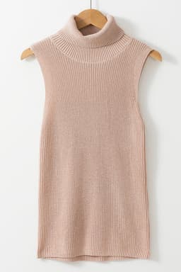 image-Solid Color Turtleneck Knit Tank Top - Oatmeal