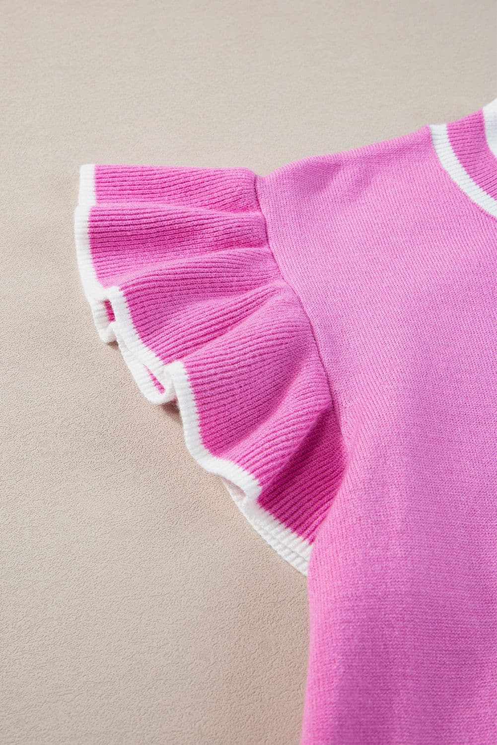 image-Bonbon Edge Piping Ruffled Sleeve Round Neck Knit Top
