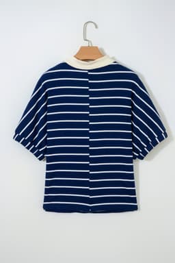 image-Blue Stripe Stand Collar V Neck Elastic Cuffs Half Sleeve Dolman Top