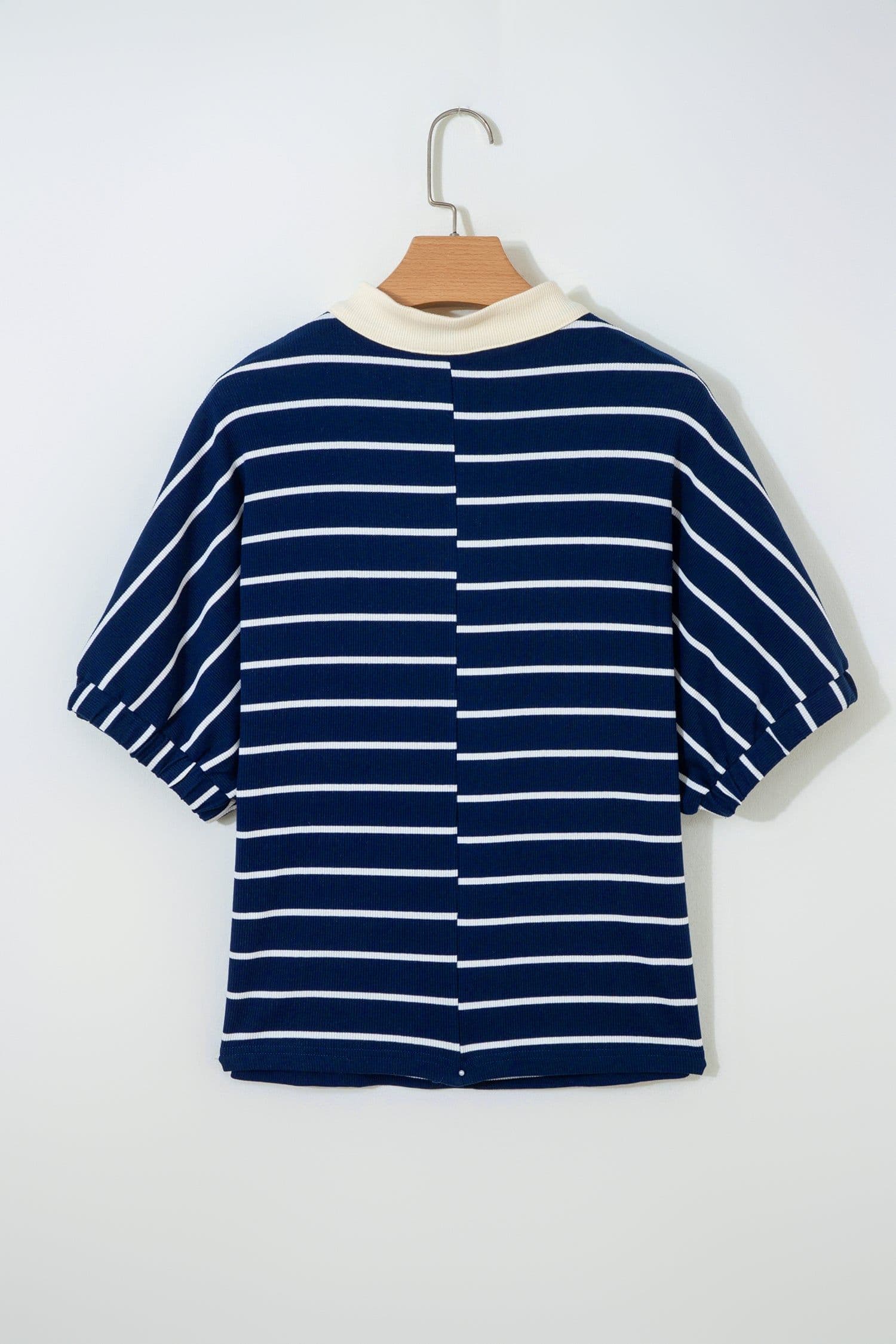 image-Blue Stripe Stand Collar V Neck Elastic Cuffs Half Sleeve Dolman Top