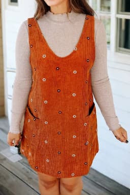 image-Gold Flame Flower Embroidered Corduroy Overall Mini Dress