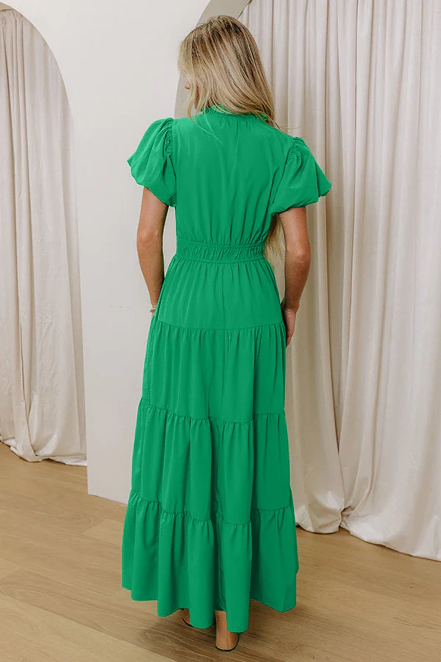 image-Bright Green V Neck Puff Sleeve High Waist Tiered Maxi