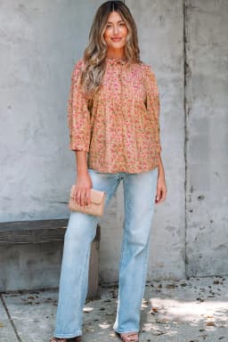 image-Light French Beige Floral Blouse - Bow Pintuck