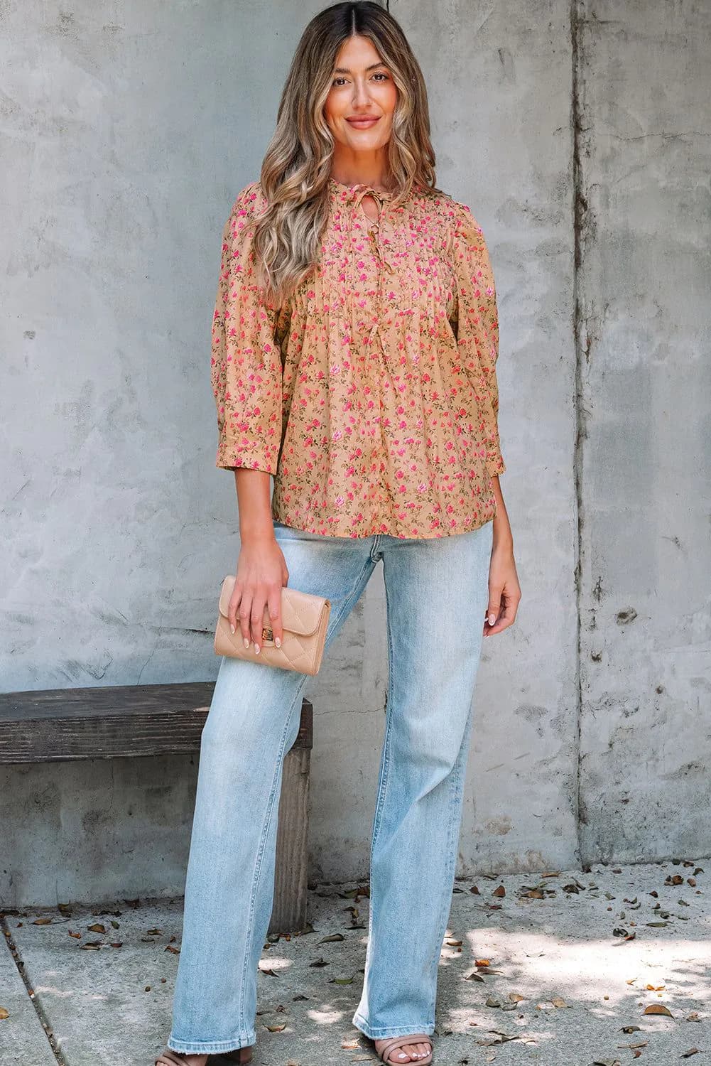 image-Light French Beige Floral Blouse - Bow Pintuck