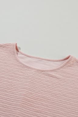 image-Light Pink Ruffled Short Sleeve Blouse - Solid Texture Elegant Design