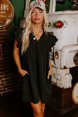 image-Black Ruffle Sleeve V Neck Frilled Shift Dress