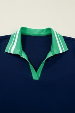 image-Navy Blue Contrast Striped Cuffs Polo Collar Patchwork Long Sleeve Ruffle Hem Mini Dress