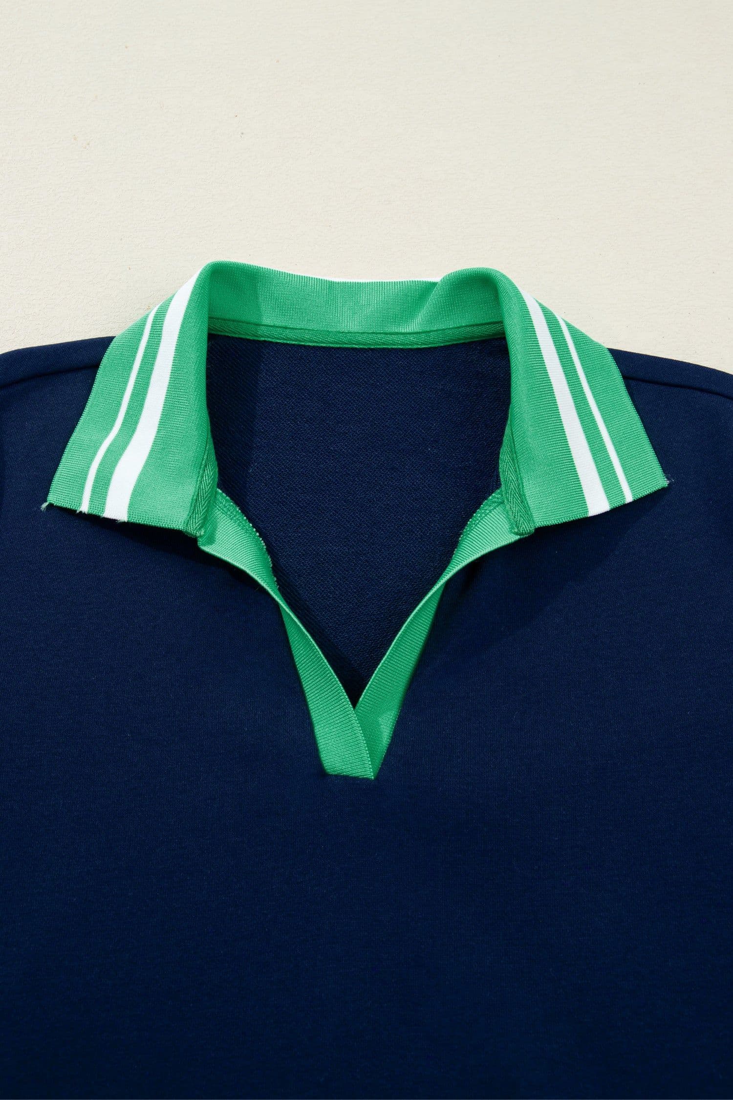 image-Navy Blue Contrast Striped Cuffs Polo Collar Patchwork Long Sleeve Ruffle Hem Mini Dress