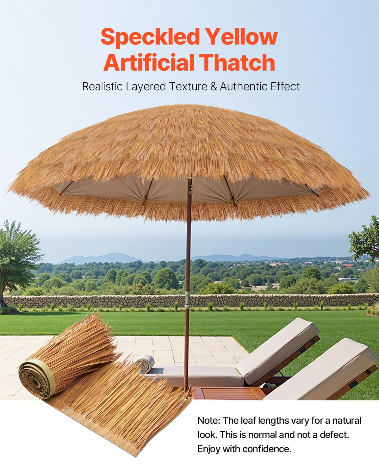 image-VEVOR Toiture en Chaume Artificielle, 0,4 x 5 m, Rouleau de Chaume Style Mexicain, Jupe de Toit de Bar en Cabane, Résistant à la Chaleur, pour Terrasse, Piscine, Plage, Décoration de Fête Hawaïenne