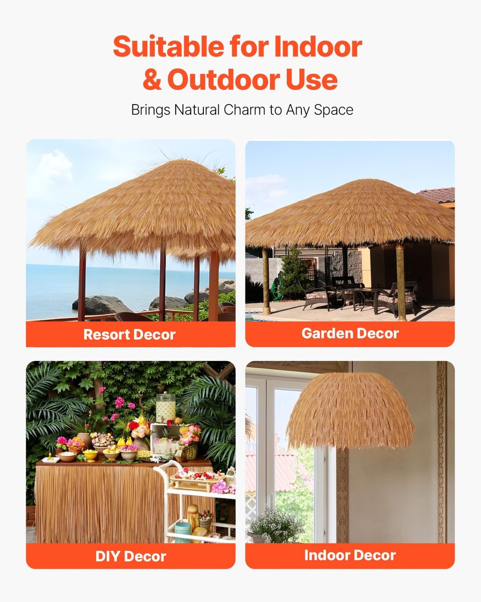image-VEVOR Toiture en Chaume Artificielle, 0,4 x 5 m, Rouleau de Chaume Style Mexicain, Jupe de Toit de Bar en Cabane, Résistant à la Chaleur, pour Terrasse, Piscine, Plage, Décoration de Fête Hawaïenne