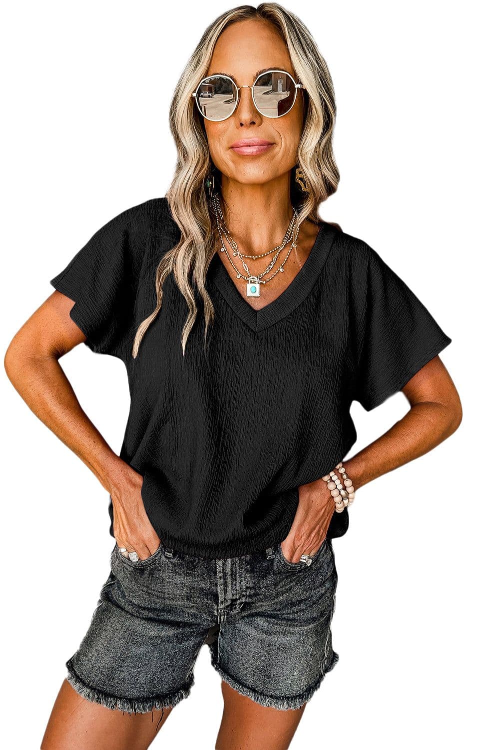 image-Blue Sapphire Crinkled V Neck T-shirt - Women's Fashion