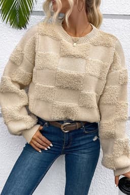 image-Checkered Sherpa Crew Neck Sweater - Parchment Loose Fit