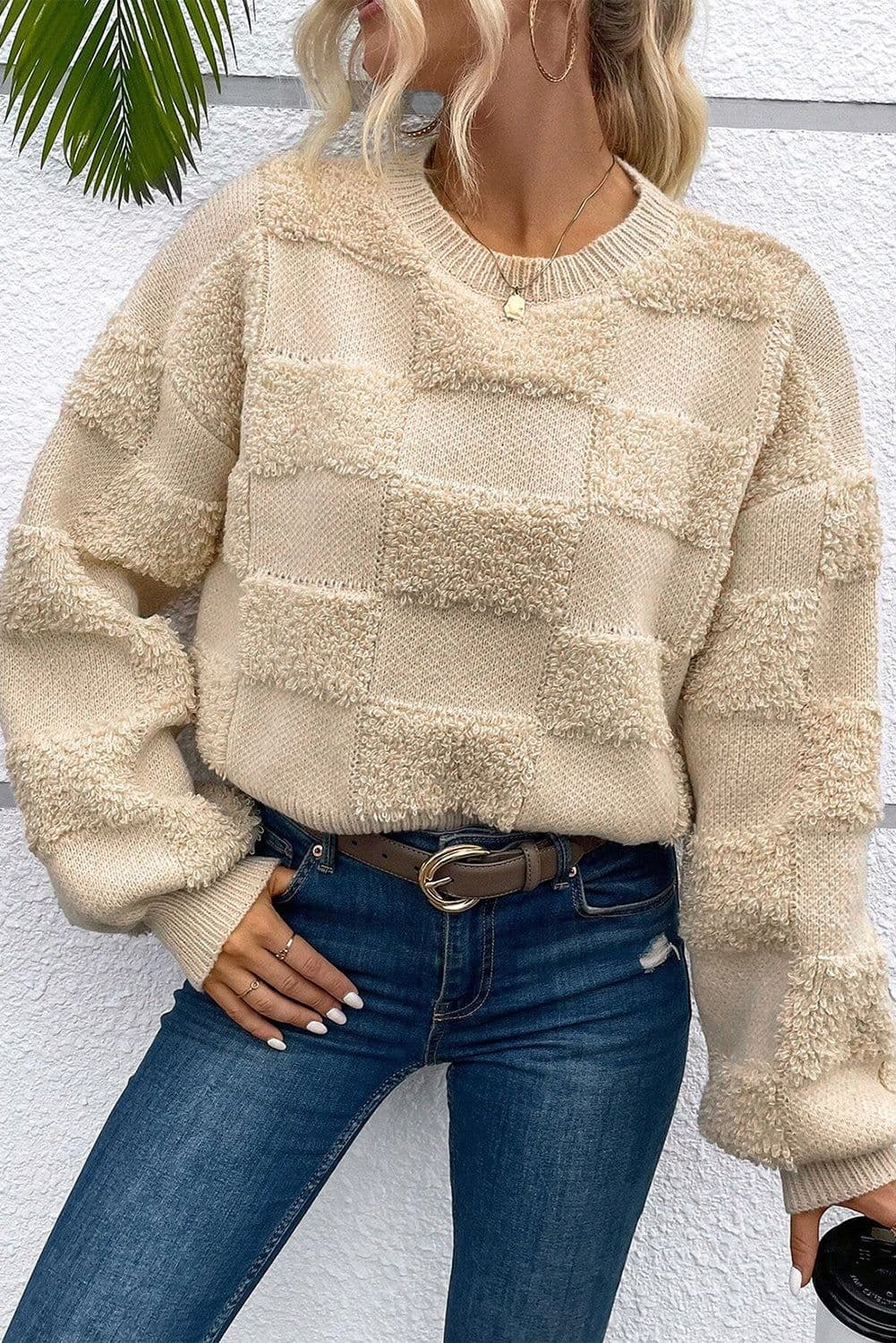 image-Checkered Sherpa Crew Neck Sweater - Parchment Loose Fit