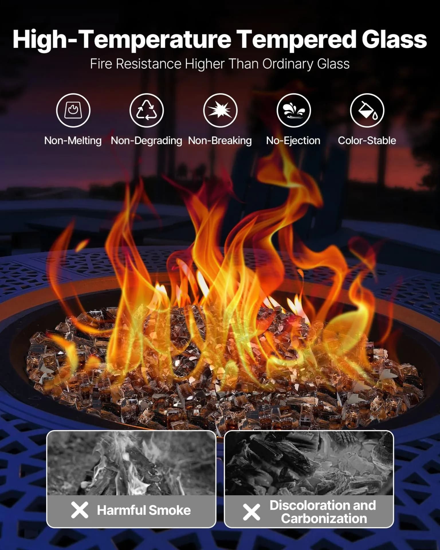 image-VEVOR Fire Glass, 10 LBS / 4.5 KG High-Temperature Resistant Fireplace Rocks, 1/2-Inch / 12.7 mm Reflective & Smokeless Firepit Glass Rock, High Luster Stone Landscaping for Fire Pit Table, Copper