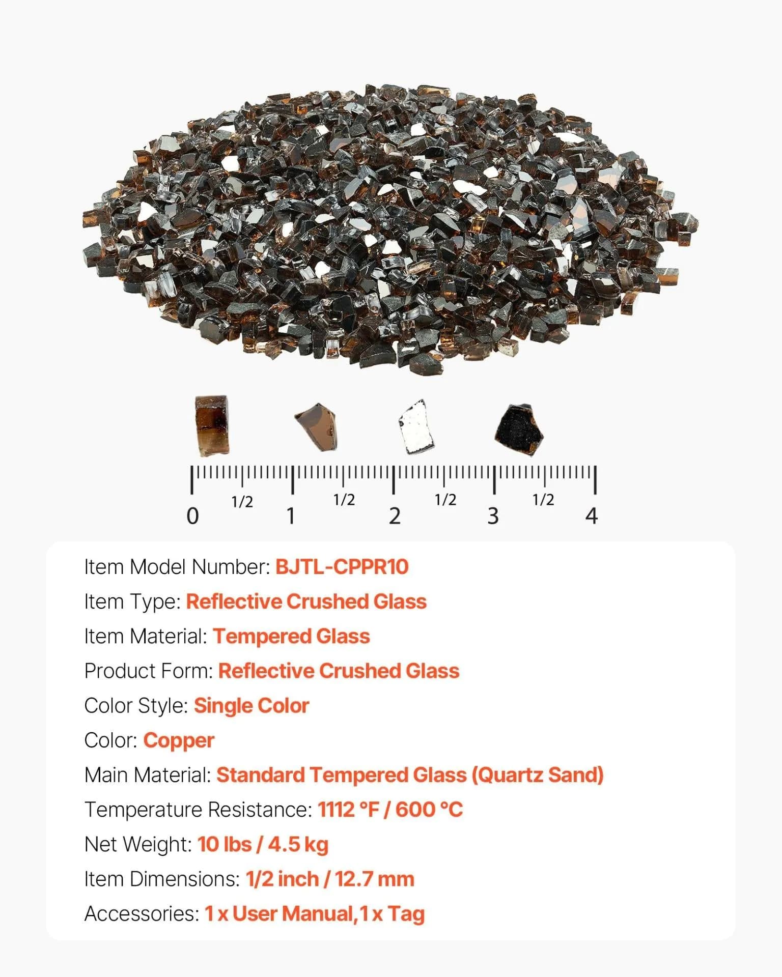 image-VEVOR Fire Glass, 10 LBS / 4.5 KG High-Temperature Resistant Fireplace Rocks, 1/2-Inch / 12.7 mm Reflective & Smokeless Firepit Glass Rock, High Luster Stone Landscaping for Fire Pit Table, Copper