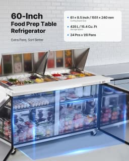 image-VEVOR 60"W Commercial Refrigerator, 15.4 Cu. Ft Sandwich Prep Refrigerated Table, Mega Top Food Prep Fridge with 24 Pans and Cutting Board, Stainless Steel Salad Prep Cooler for Restaurant, Food Truck