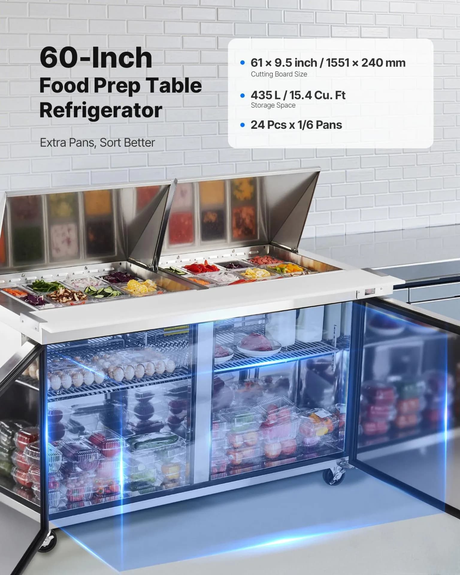 image-VEVOR 60"W Commercial Refrigerator, 15.4 Cu. Ft Sandwich Prep Refrigerated Table, Mega Top Food Prep Fridge with 24 Pans and Cutting Board, Stainless Steel Salad Prep Cooler for Restaurant, Food Truck