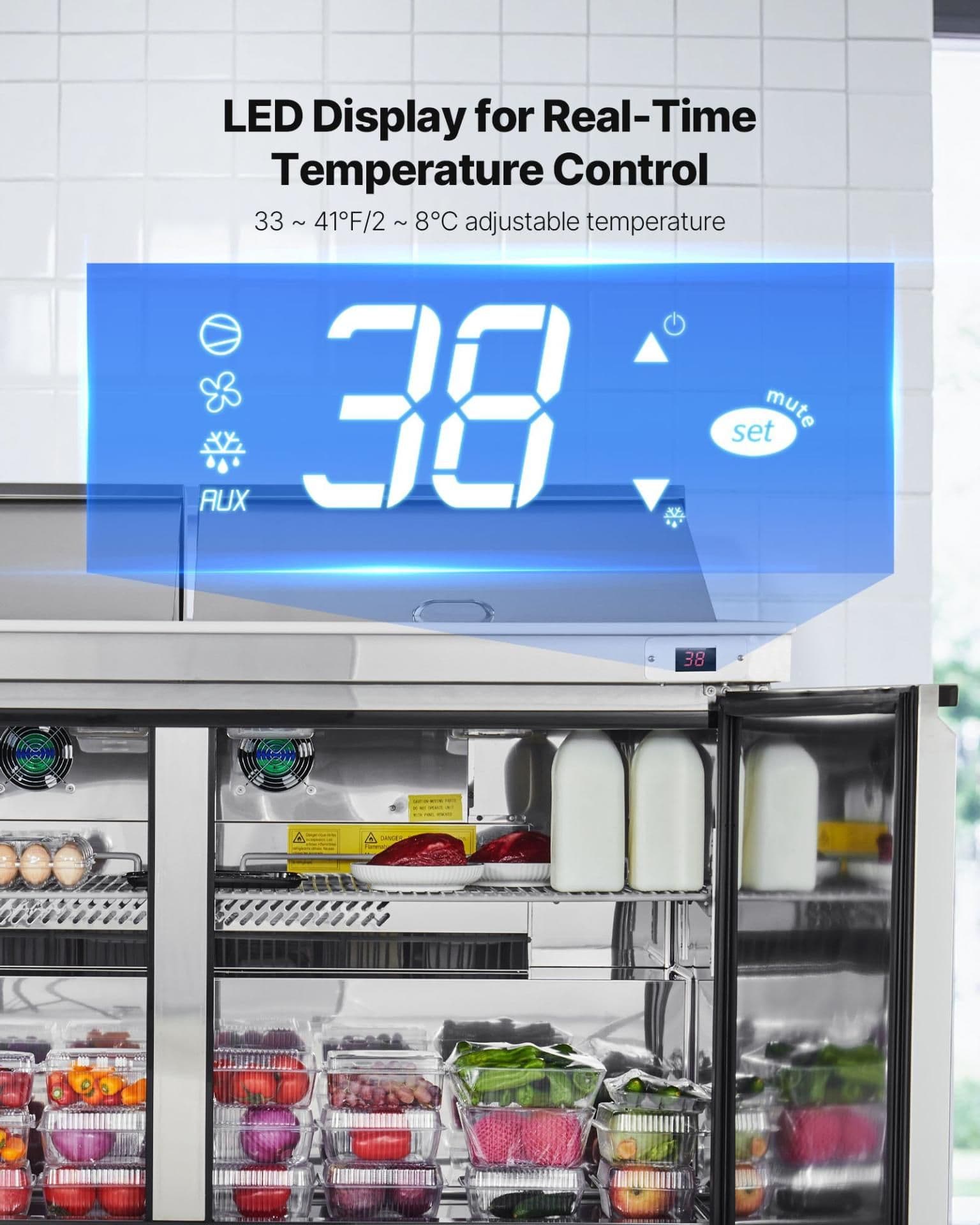 image-VEVOR 60"W Commercial Refrigerator, 15.4 Cu. Ft Sandwich Prep Refrigerated Table, Mega Top Food Prep Fridge with 24 Pans and Cutting Board, Stainless Steel Salad Prep Cooler for Restaurant, Food Truck