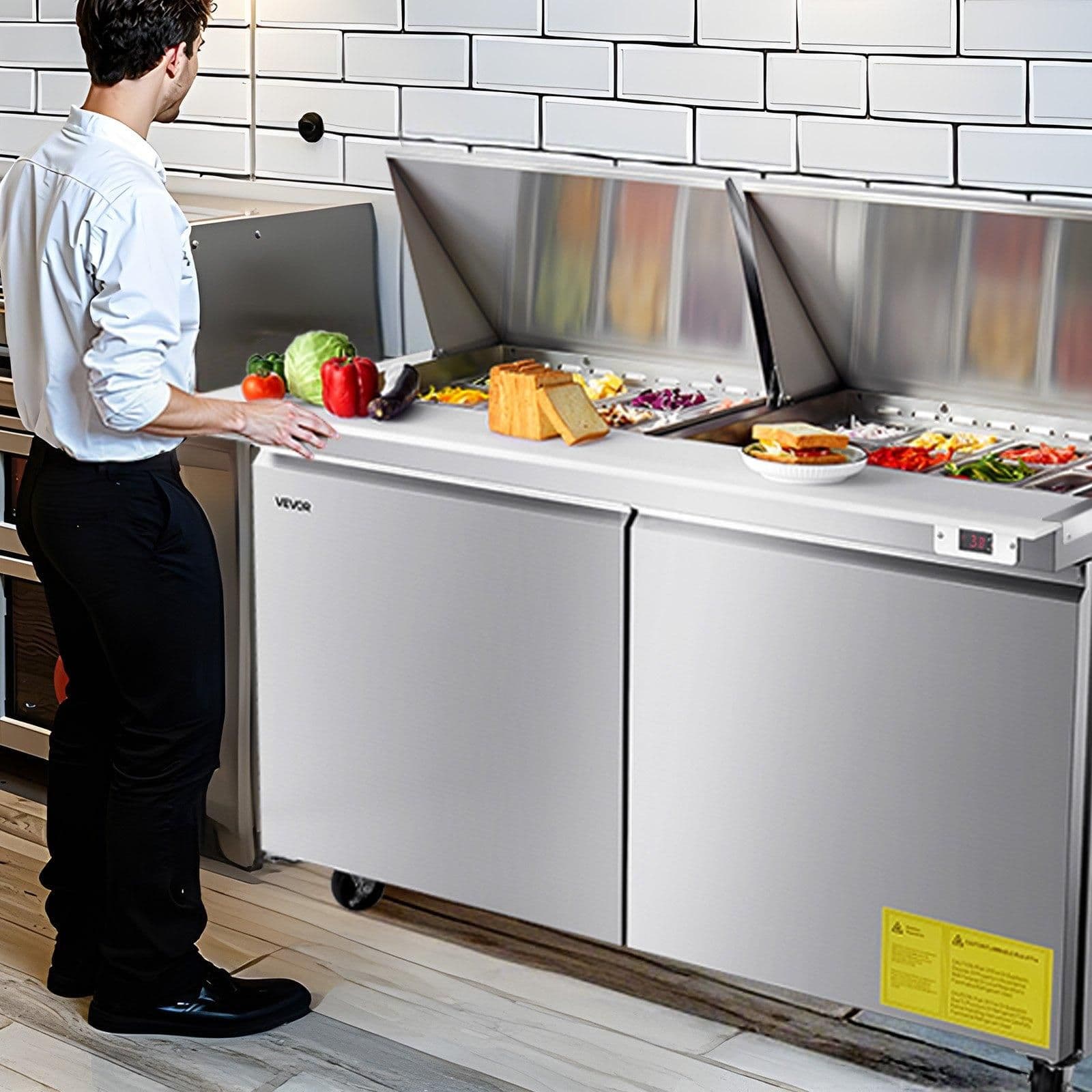 image-VEVOR 60"W Commercial Refrigerator, 15.4 Cu. Ft Sandwich Prep Refrigerated Table, Mega Top Food Prep Fridge with 24 Pans and Cutting Board, Stainless Steel Salad Prep Cooler for Restaurant, Food Truck