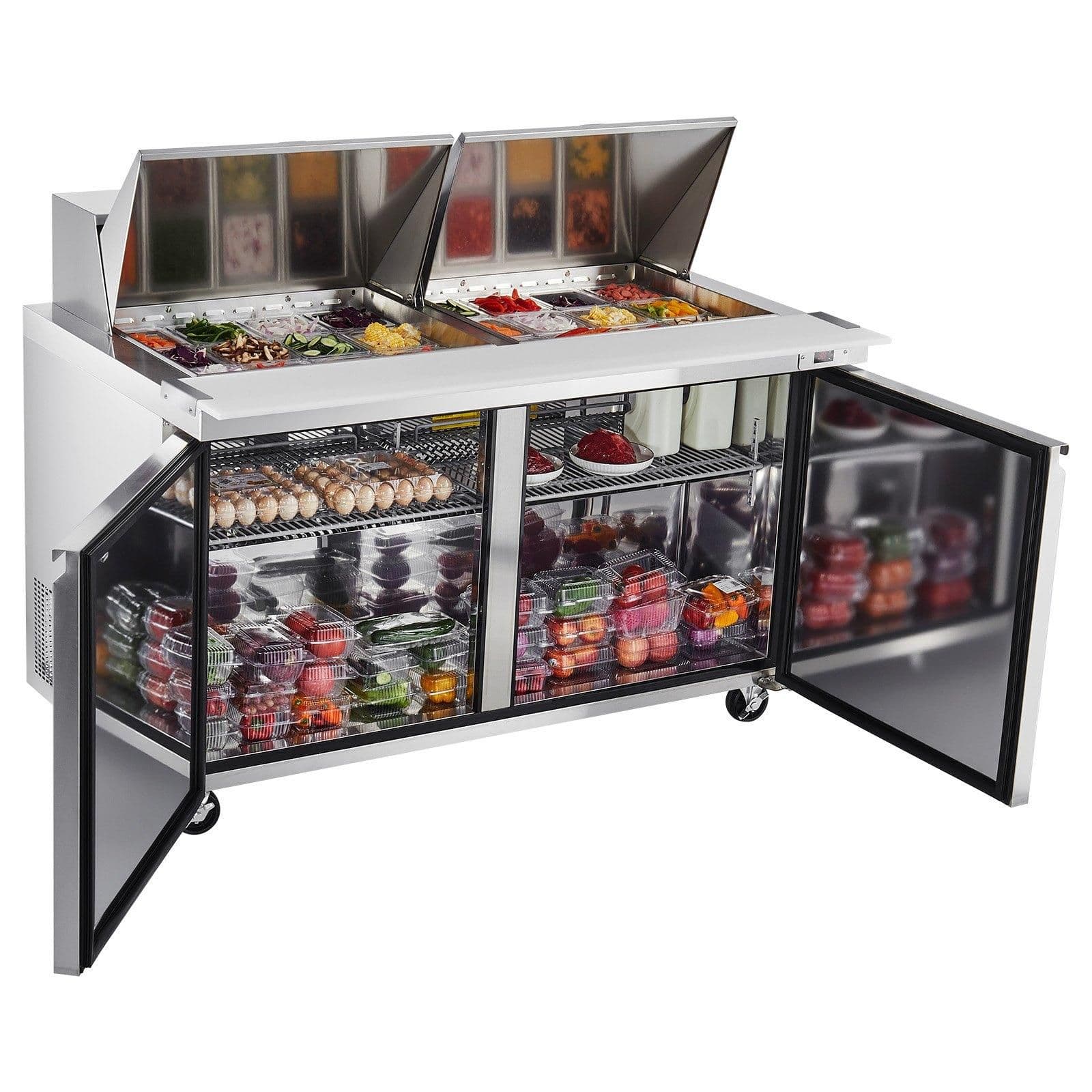 image-VEVOR 60"W Commercial Refrigerator, 15.4 Cu. Ft Sandwich Prep Refrigerated Table, Mega Top Food Prep Fridge with 24 Pans and Cutting Board, Stainless Steel Salad Prep Cooler for Restaurant, Food Truck