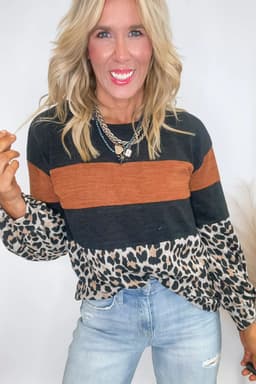 image-Black Color Block Leopard Patchwork Long Sleeve Casual Top