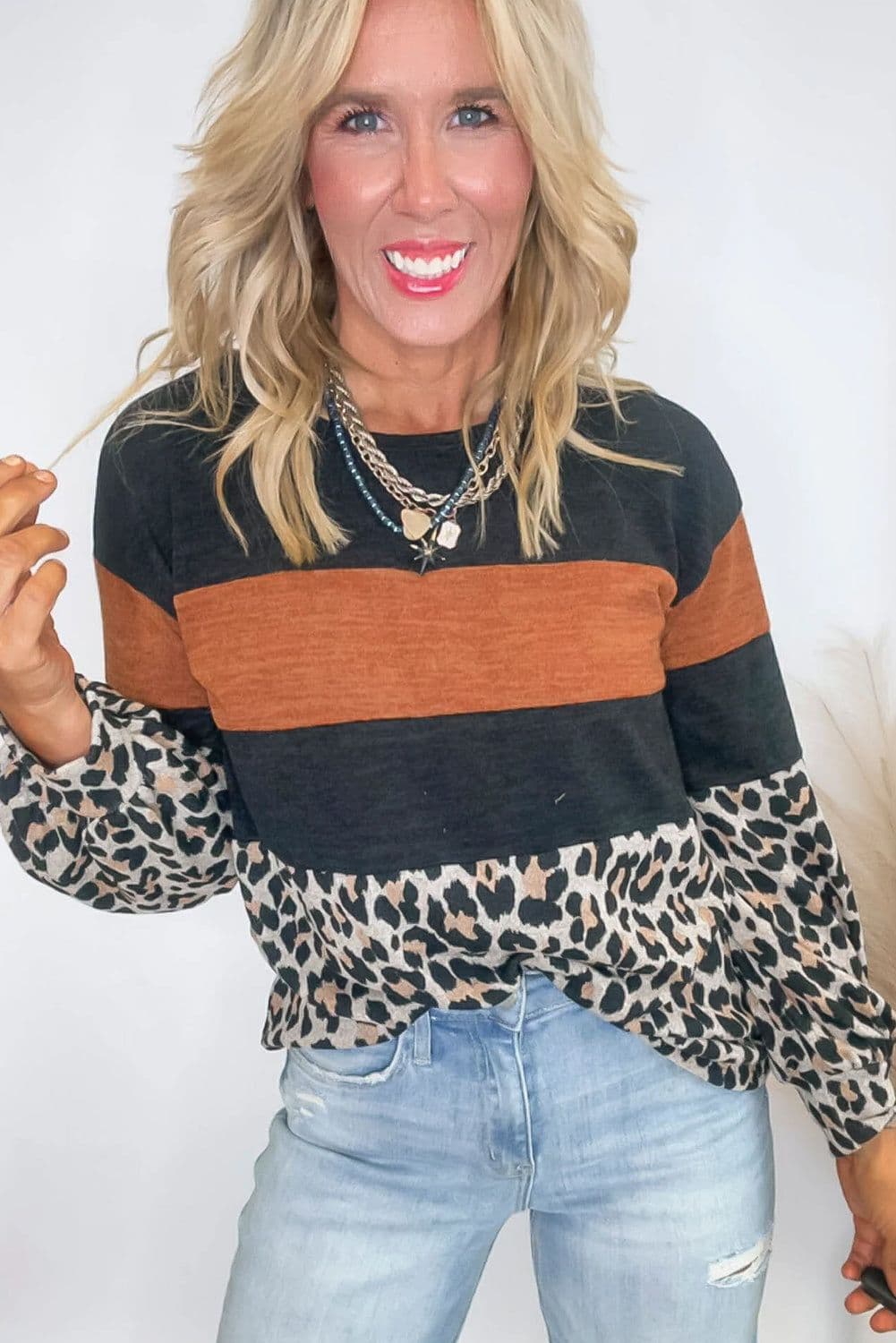image-Black Color Block Leopard Patchwork Long Sleeve Casual Top