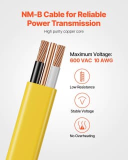 image-VEVOR NM-B Wire, 10AWG/2C Non-Mettalic Residential Indoor Electrical Wire with Ground, PVC Sheathed High-Purity Copper Core Cable, for Outlets, Switches, Other Loads & Lighting Wiring Projects(50 ft)