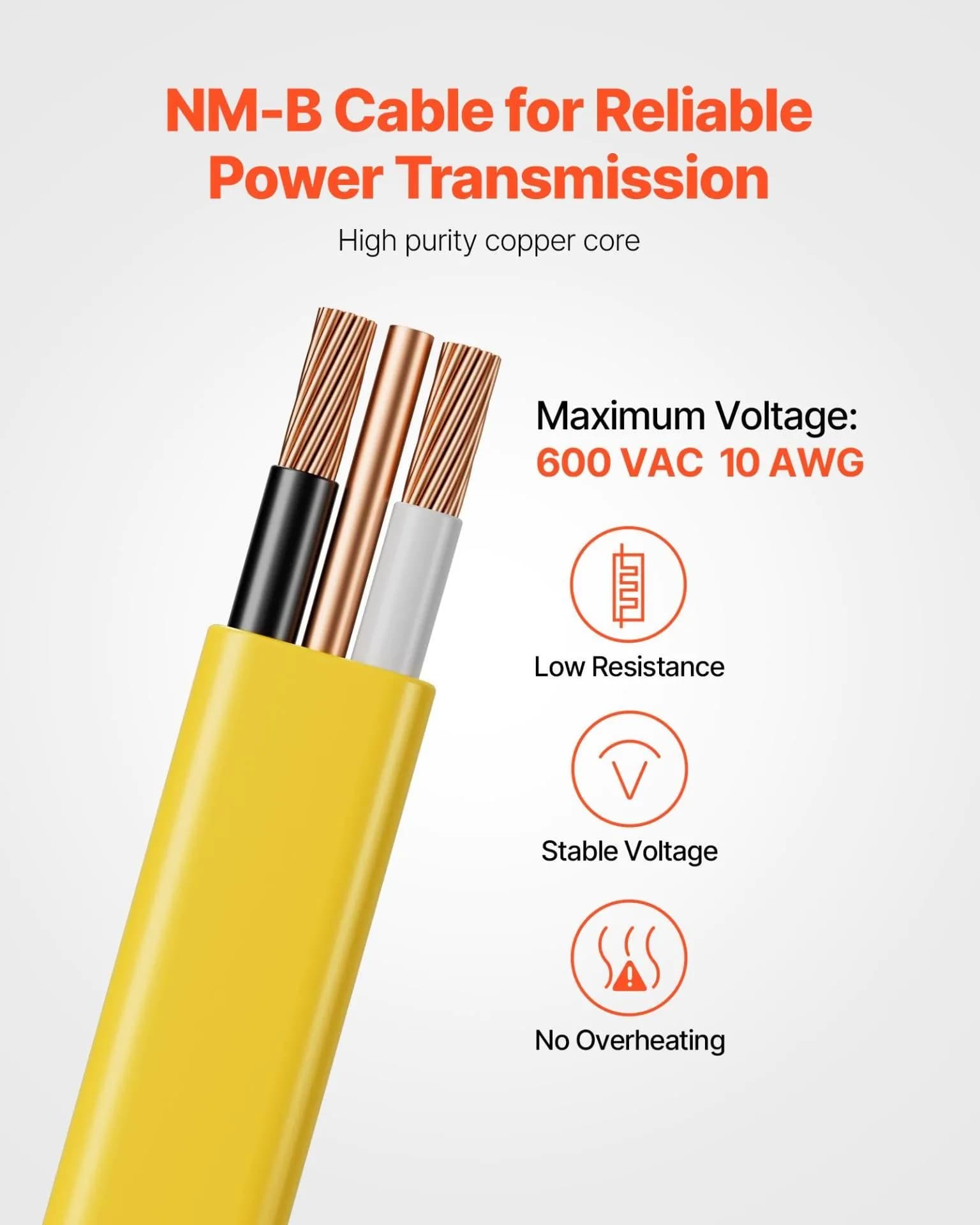 image-VEVOR NM-B Wire, 10AWG/2C Non-Mettalic Residential Indoor Electrical Wire with Ground, PVC Sheathed High-Purity Copper Core Cable, for Outlets, Switches, Other Loads & Lighting Wiring Projects(50 ft)