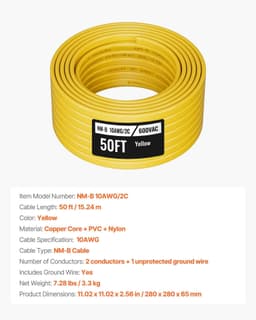 image-VEVOR NM-B Wire, 10AWG/2C Non-Mettalic Residential Indoor Electrical Wire with Ground, PVC Sheathed High-Purity Copper Core Cable, for Outlets, Switches, Other Loads & Lighting Wiring Projects(50 ft)