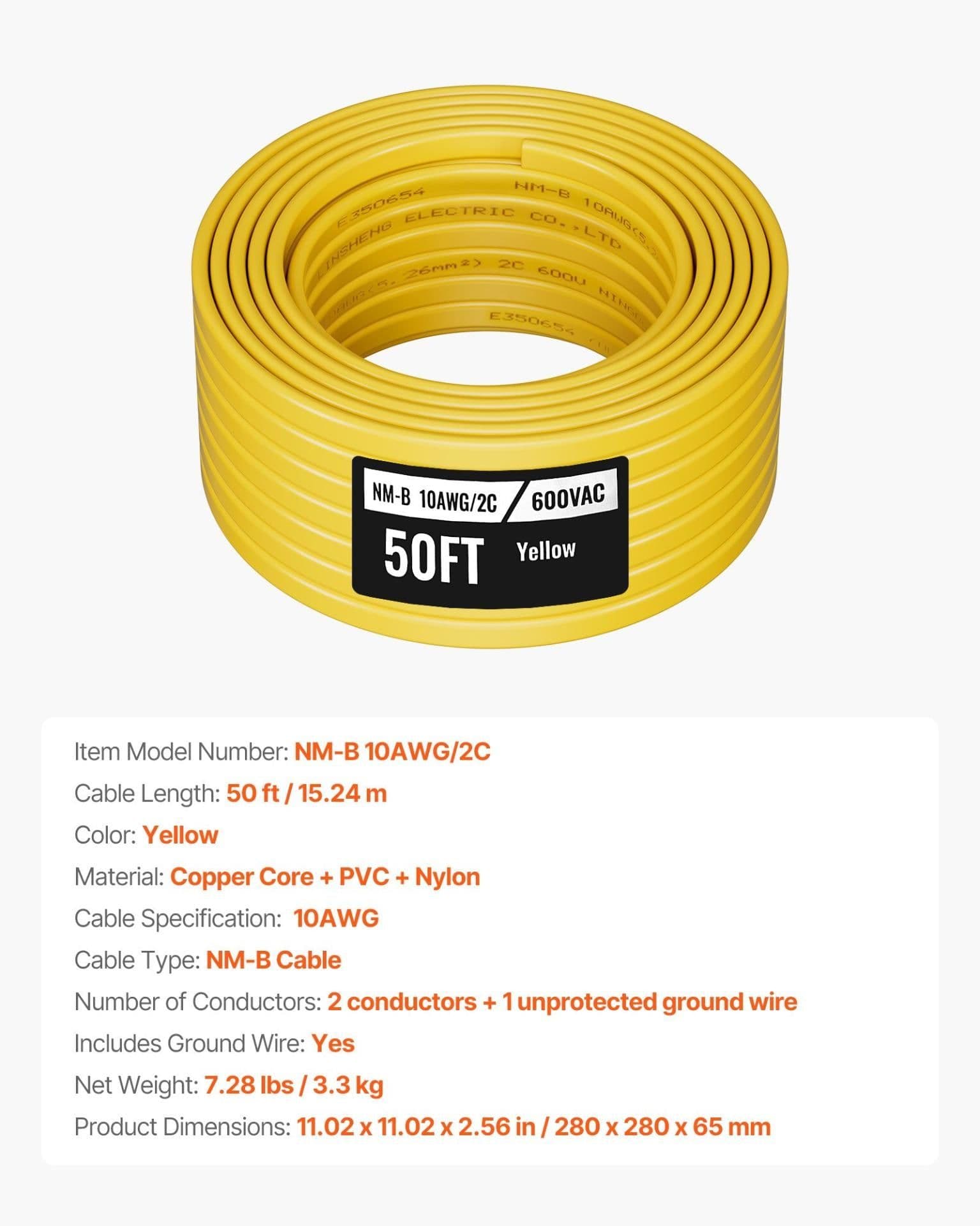image-VEVOR NM-B Wire, 10AWG/2C Non-Mettalic Residential Indoor Electrical Wire with Ground, PVC Sheathed High-Purity Copper Core Cable, for Outlets, Switches, Other Loads & Lighting Wiring Projects(50 ft)