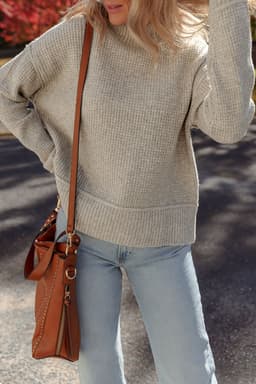 image-Gray Morn Waffle Knit High Neck Sweater - Drop Shoulder