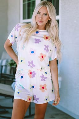 image-Pink Flower Print Short Sleeve High Waist Two Piece Shorts Set