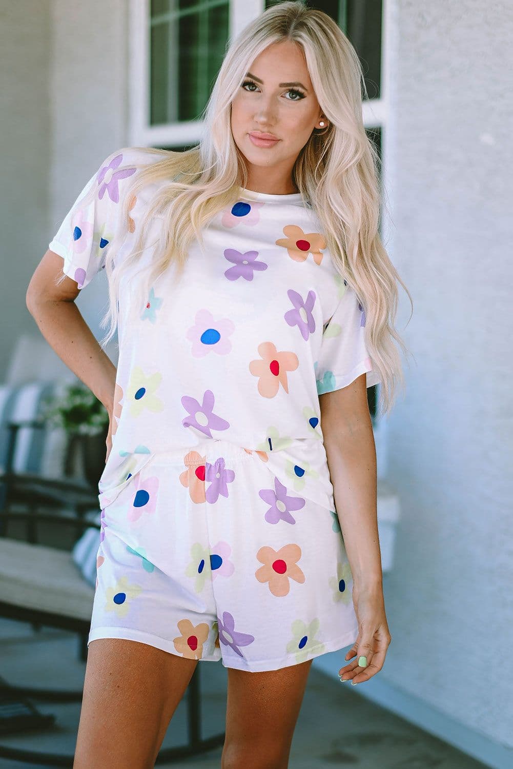 image-Pink Flower Print Short Sleeve High Waist Two Piece Shorts Set
