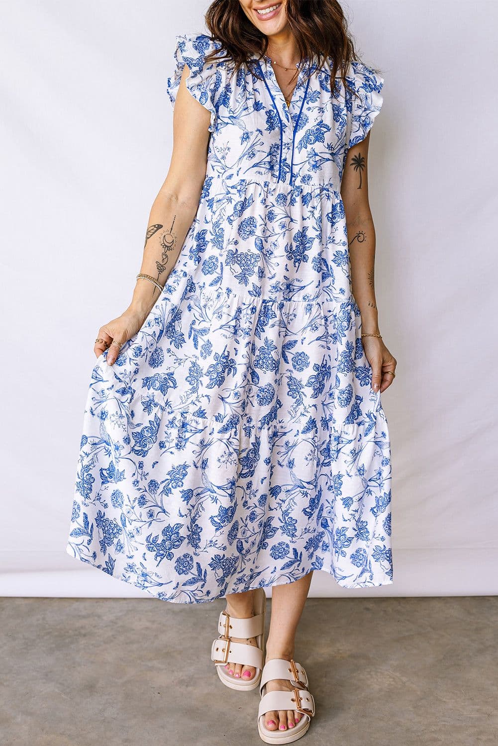 image-Blue Ruffled Short Sleeve Tiered Floral Midi Dress