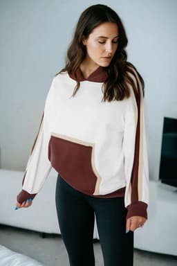 image-Coffee Color Block Patchwork Athleisure Hooded Sweatshirt