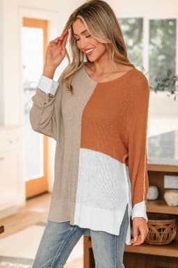 image-Evergreen Color Block Knit V Neck Sweater