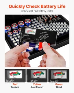 image-VEVOR Battery Organizer Storage Box, Battery Case Bag with Tester BT-168, Waterproof Batteries Organizer Storage Case with Zipper, Holds 167 Batteries AA AAA C D 9V Button, Black (Box Only)