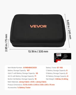 image-VEVOR Battery Organizer Storage Box, Battery Case Bag with Tester BT-168, Waterproof Batteries Organizer Storage Case with Zipper, Holds 167 Batteries AA AAA C D 9V Button, Black (Box Only)