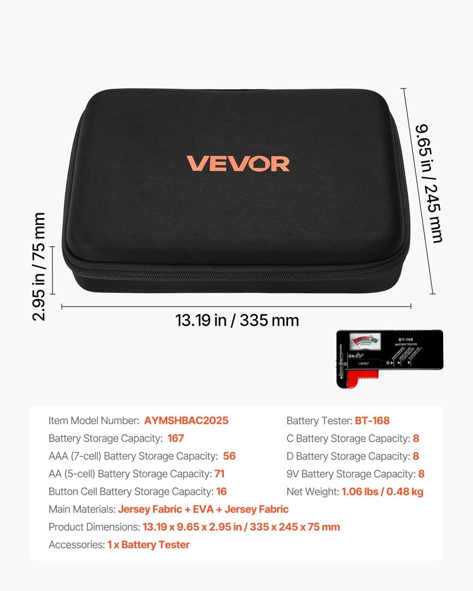 image-VEVOR Battery Organizer Storage Box, Battery Case Bag with Tester BT-168, Waterproof Batteries Organizer Storage Case with Zipper, Holds 167 Batteries AA AAA C D 9V Button, Black (Box Only)