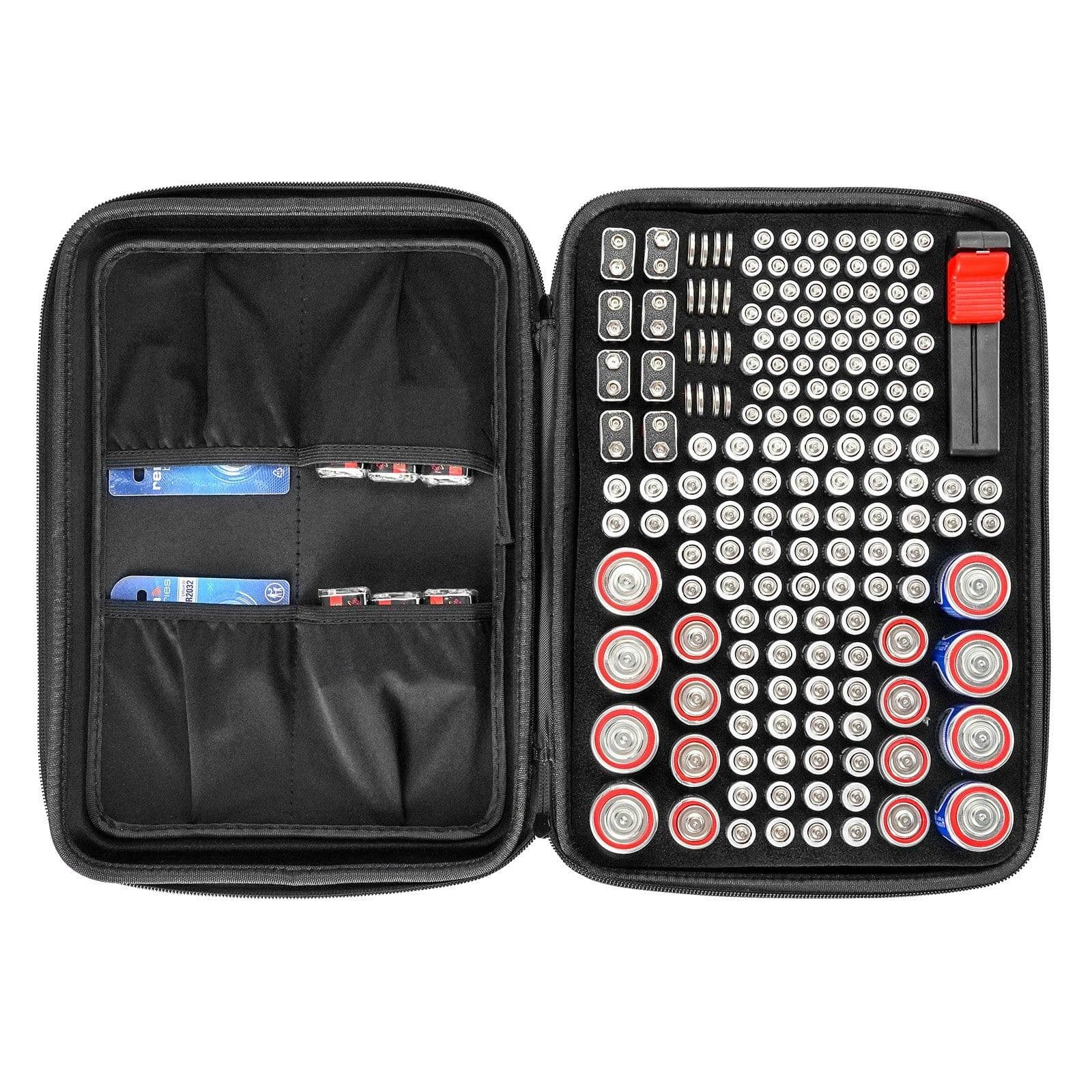 image-VEVOR Battery Organizer Storage Box, Battery Case Bag with Tester BT-168, Waterproof Batteries Organizer Storage Case with Zipper, Holds 167 Batteries AA AAA C D 9V Button, Black (Box Only)