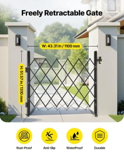 image-VEVOR Single Folding Security Gate, Lockable Scissor Gate with 360° Swivel Casters, Outdoor Barricade Steel Retractable Gates, for Entry Security, Garage, Warehouse & Pool, 43.31 x 51.57 in (W x H)