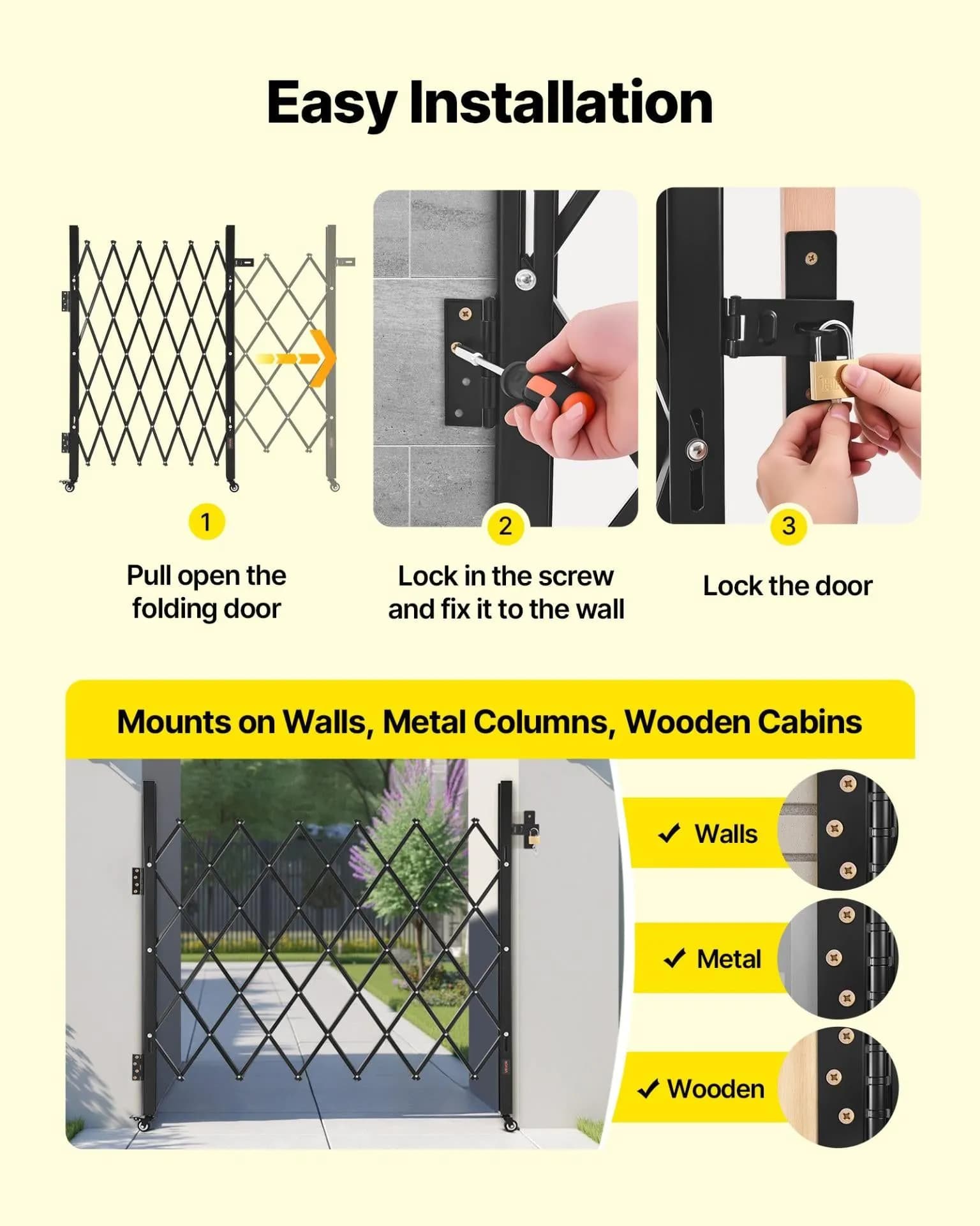 image-VEVOR Single Folding Security Gate, Lockable Scissor Gate with 360° Swivel Casters, Outdoor Barricade Steel Retractable Gates, for Entry Security, Garage, Warehouse & Pool, 43.31 x 51.57 in (W x H)