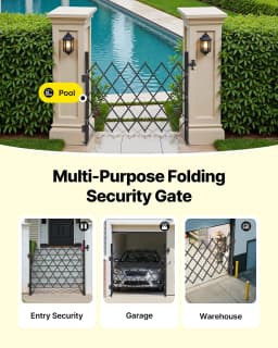image-VEVOR Single Folding Security Gate, Lockable Scissor Gate with 360° Swivel Casters, Outdoor Barricade Steel Retractable Gates, for Entry Security, Garage, Warehouse & Pool, 43.31 x 51.57 in (W x H)