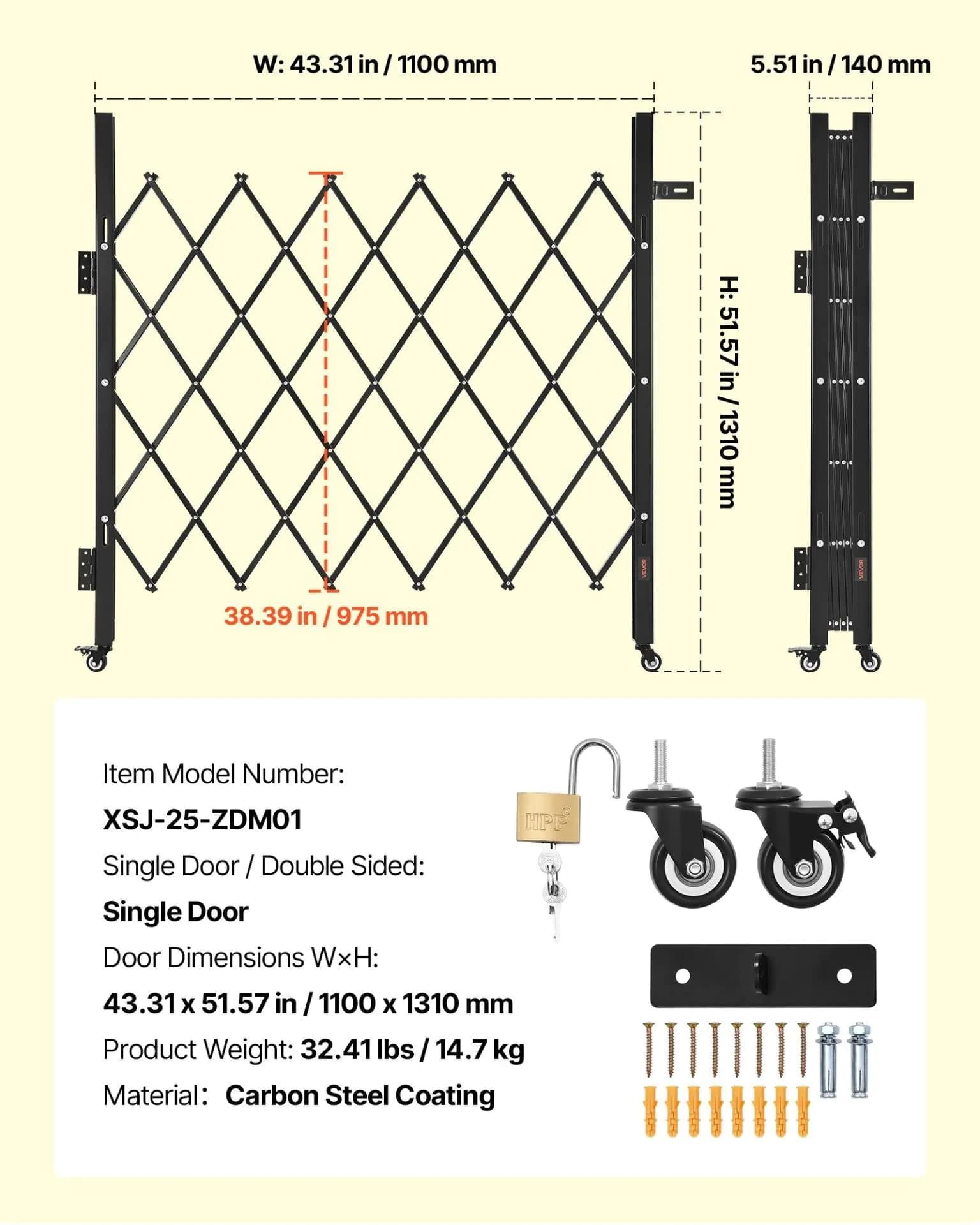 image-VEVOR Single Folding Security Gate, Lockable Scissor Gate with 360° Swivel Casters, Outdoor Barricade Steel Retractable Gates, for Entry Security, Garage, Warehouse & Pool, 43.31 x 51.57 in (W x H)